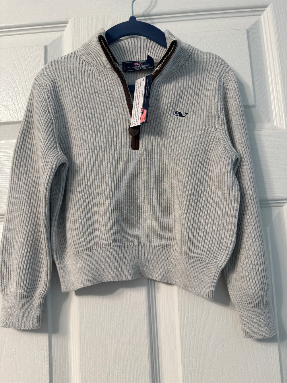 Vineyard Vines Light Gray Ribbed Quarter-Zip Sweater with Whale Logo